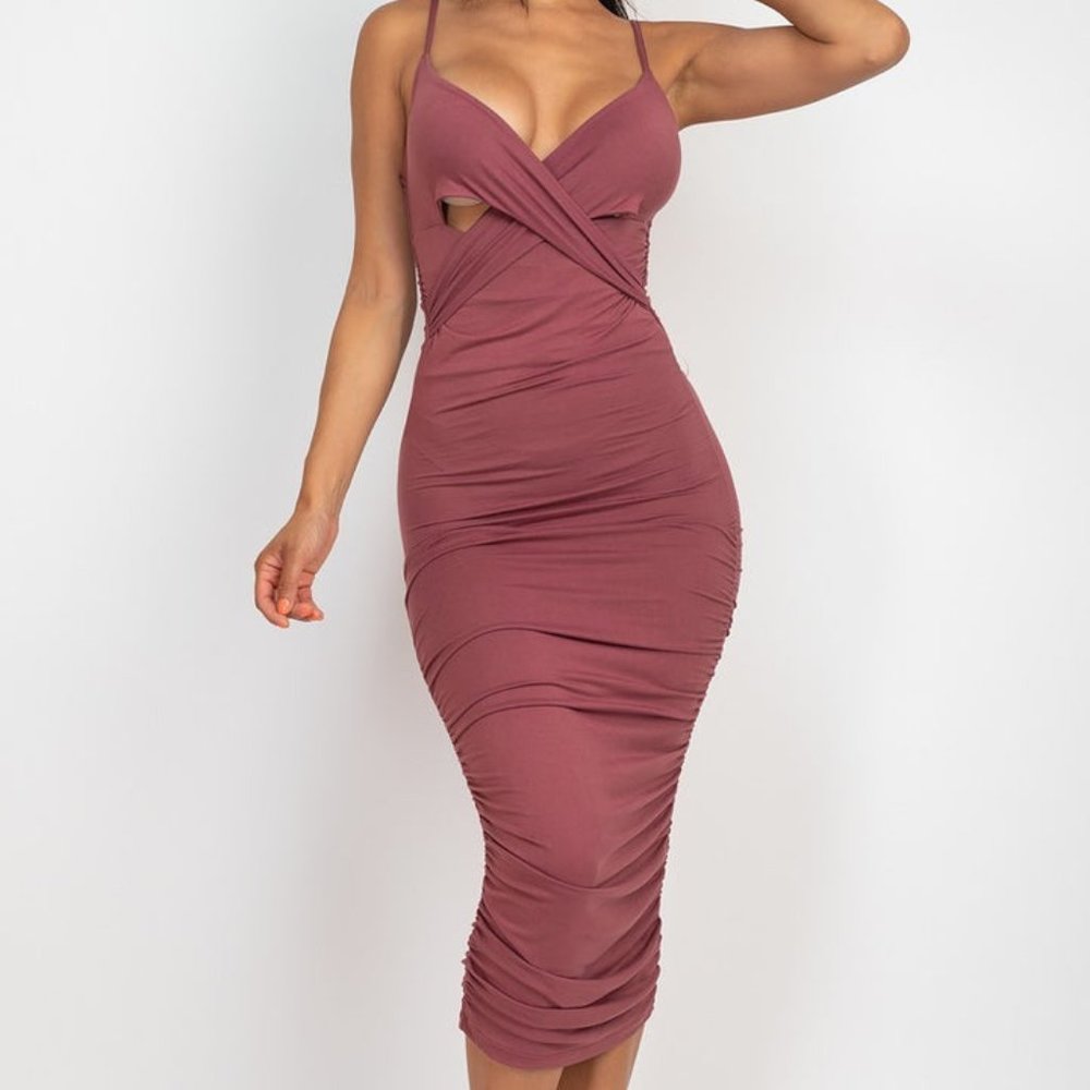 Women's Sexy Nocturne Cross Wrap Stretch Knit Strap V-neck Ruched Midi Dress NWT